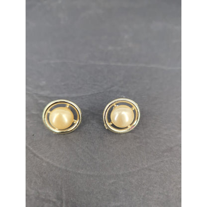 Vintage Gold Tone Faux Pearl Clip On Earrings Retro Statement Jewelry