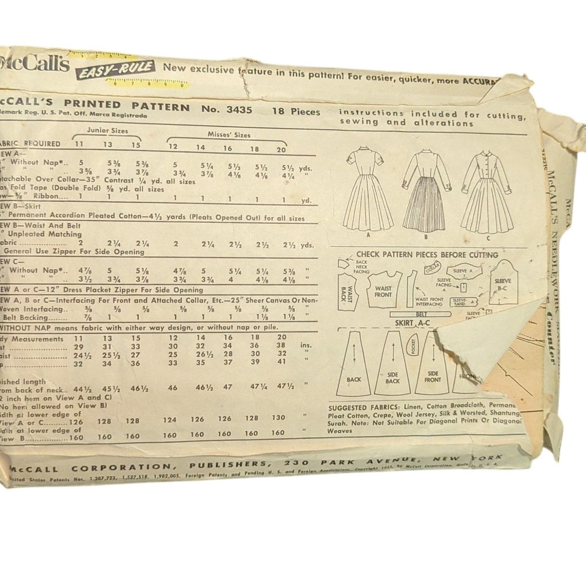 Vintage McCall’s 3435 Full Skirt Dress Sewing Pattern 1950s Mid Century Style 14