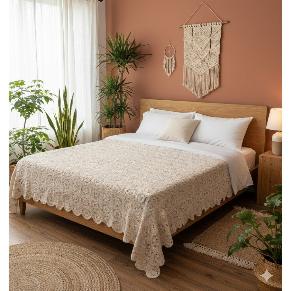 Hand crochet scallop edge Coverlet table cloth Cream Handsewn VINTAGE 72" x 86"