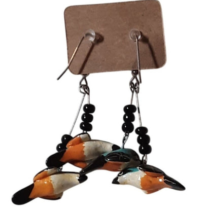 Artisan Orange Blue Bird HANDMADE Earrings Black Seed Beads Dangle  French wire
