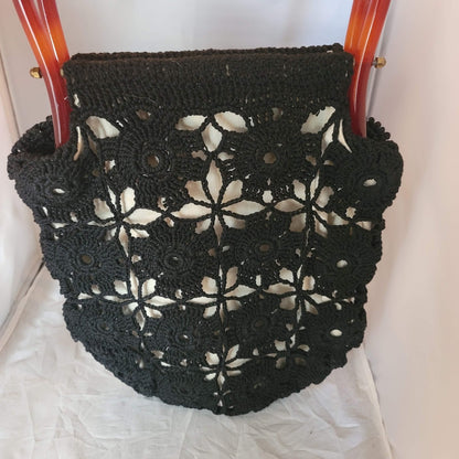 Vintage knit crochet top handle purse bag black BOHO chic Lucite snap shut