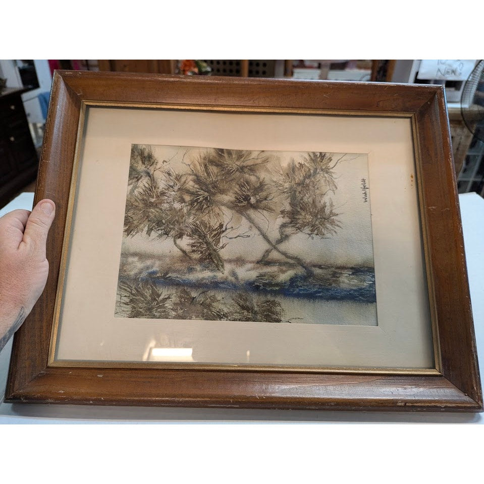 Framed Original Sumi-e Watercolor Pine Tree Landscape Painting Signed Wahlfelt