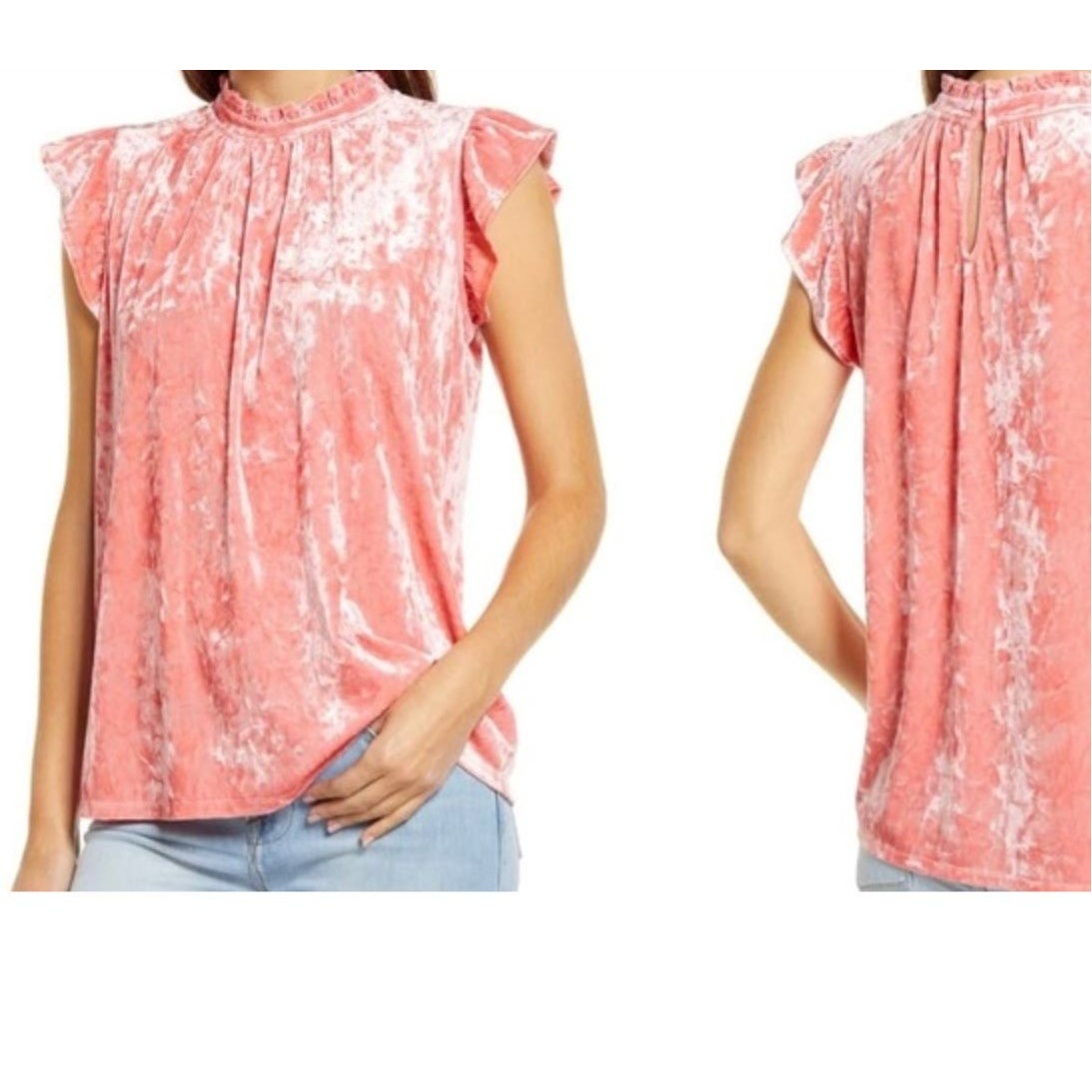 Gibsonlook Flutter Sleeve Ruffle Neck Crushed Velvet Top Sz Small in Coral NWT