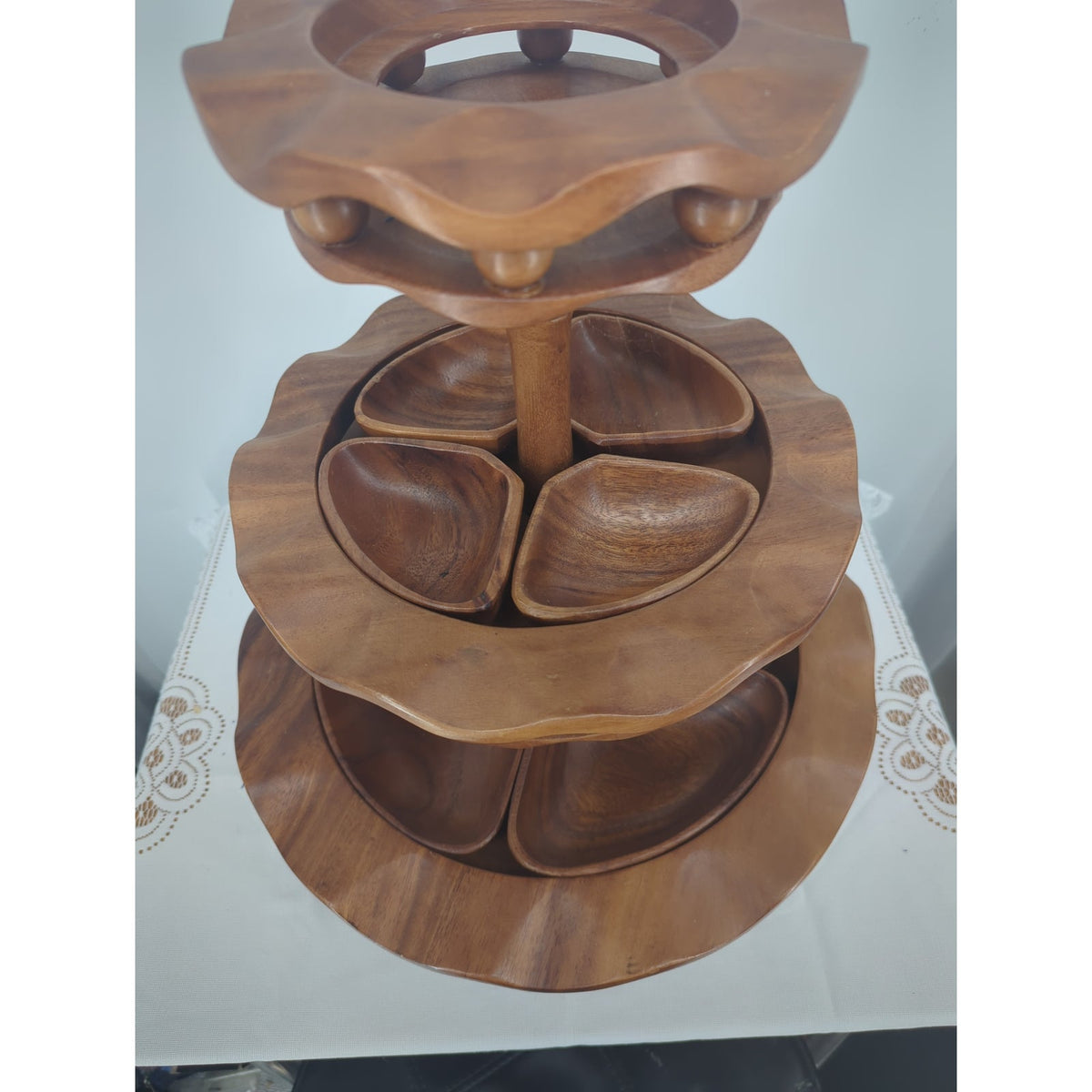Vintage MCM Hand-Carved Wooden 3-Tiered Serving Stand with Water Buffalo Topper