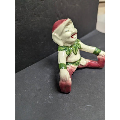 Vintage Elf Pixie Gnome Figurine Seated Smiling Green & Maroon Happy Imp Retro