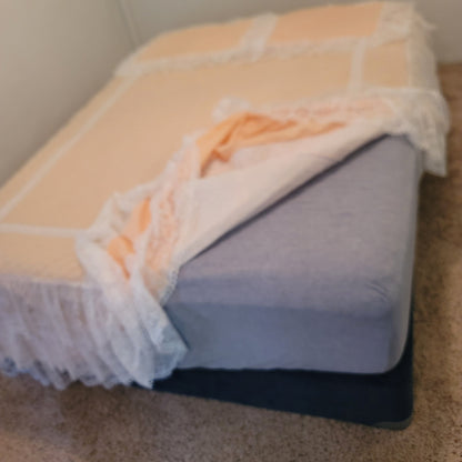 Vintage Peach double lace bottom skirt Coverlet & 2 matching Pillow shams queen