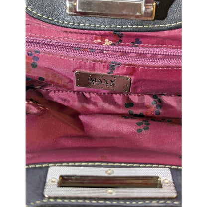 Vintage MAXX New York Black Leather Frame Clutch Purse Berry Satin Lining