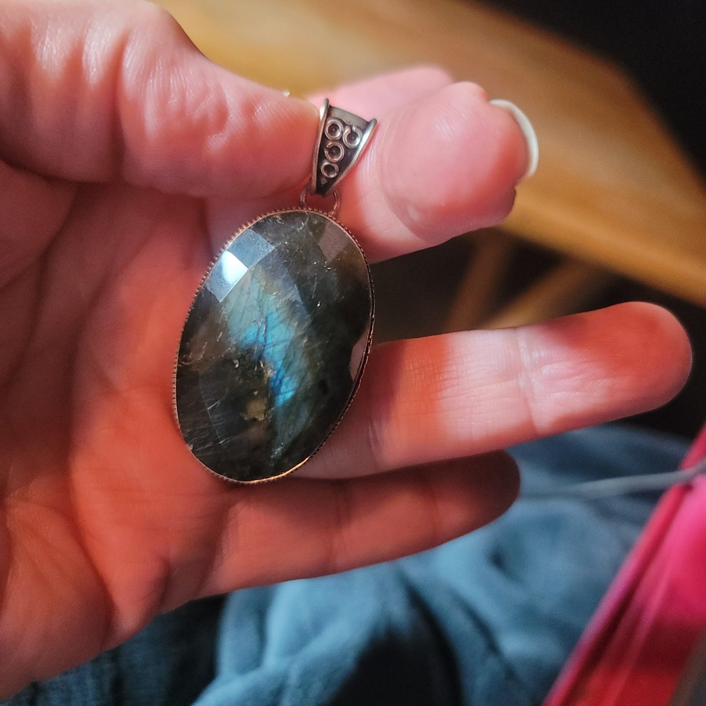 Large Blue Flash Labradorite Pendant 925 Sterling Silver Oval Statement 2.75"
