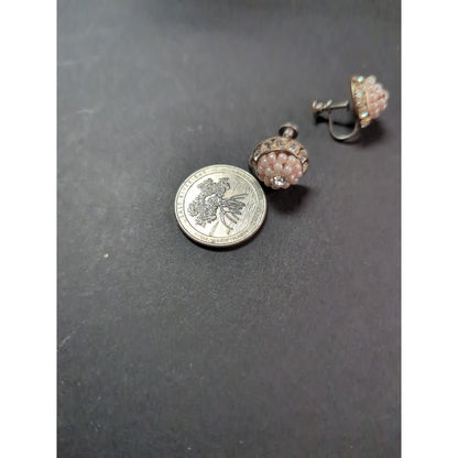 Vintage Mid-Century Pink Faux Pearl Rhinestone Screw Back Earrings Wedding Class
