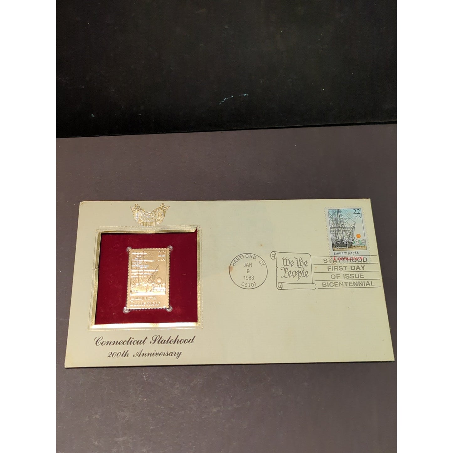 Golden Replicas of United States Stamps Collectible 22kt Gold 1988 CONNECTICUT