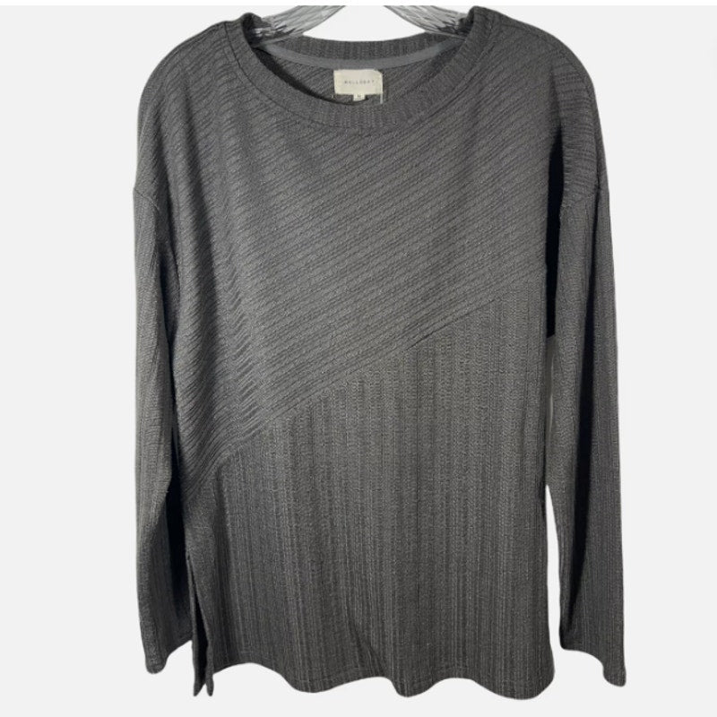 Melloday Women Grey Striped Long Sleeve Boat Neck Side Slit tunic Top Ribbed NEW