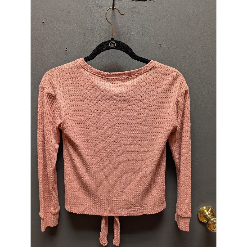 Walking Sunshine Size Medium top shirt Pink waffle knot long sleeve tie waist
