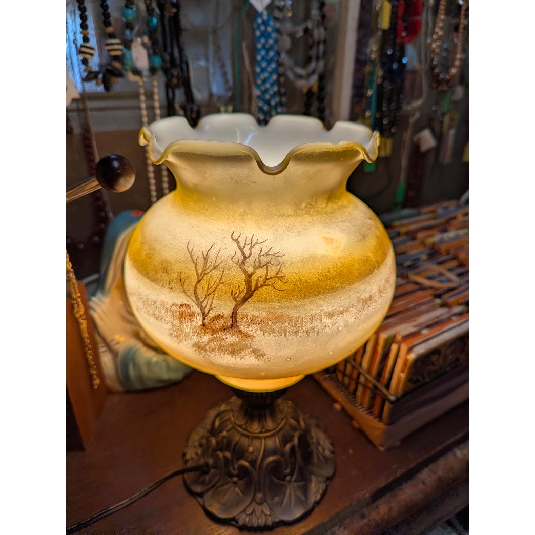 Vintage Custard Glass Lamp Handpainted Barn Scene Ribbon Top French Country