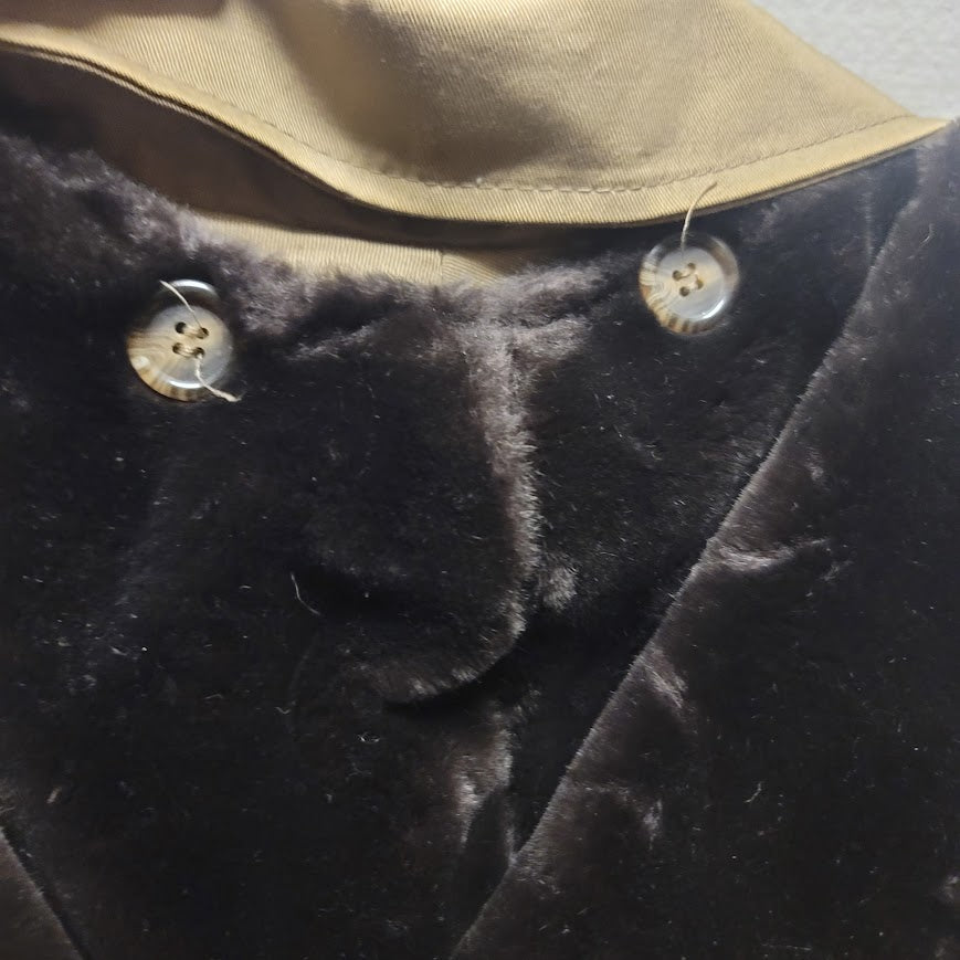 Mackintosh Trench Full length Coat Jacket Faux Fur Lined Hood Size 12 HEAVY tan