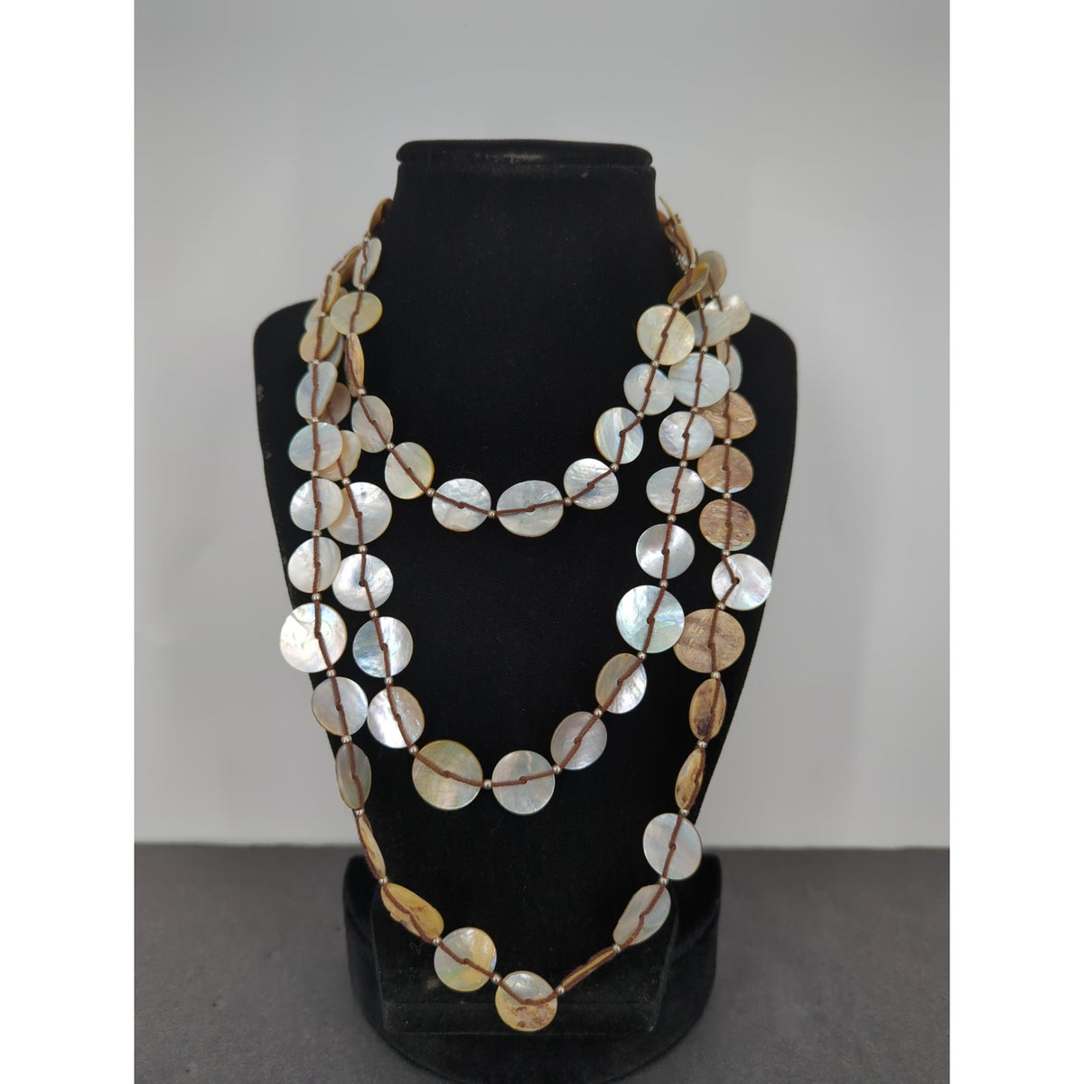 Twenty Eight Inch Vintage Iridescent Mother of Pearl Round Disc Necklace