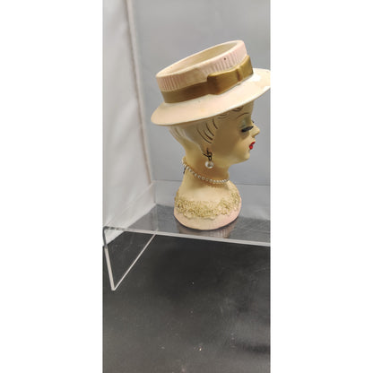 MCM Kitsch Planter Cream Hat Gold Trim Lady Headvase Retro Ceramic Decor Vase