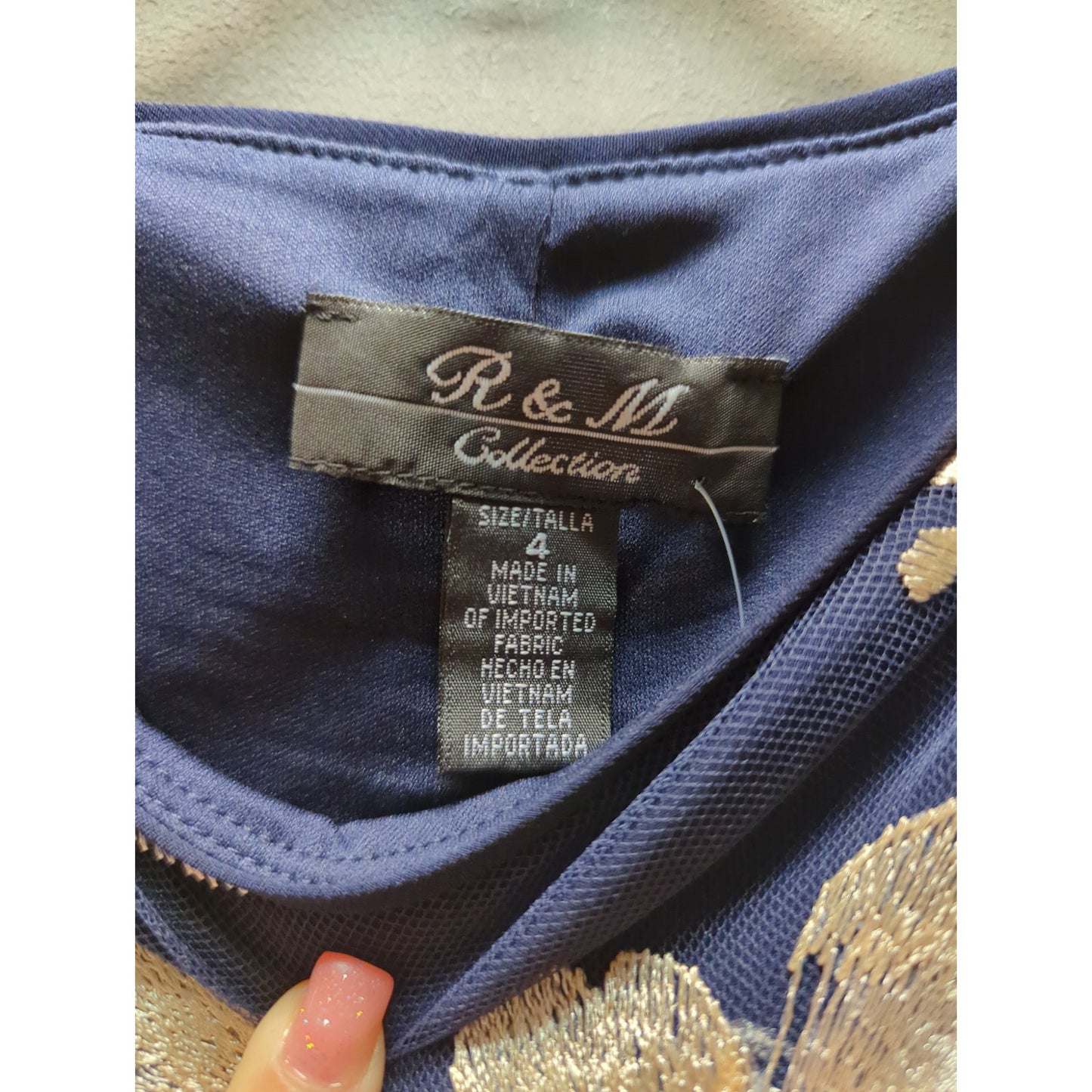 R & M Size 4 cocktail dinner church Dark blue floral overlay dress gold accents