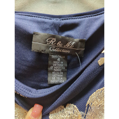 R & M Size 4 cocktail dinner church Dark blue floral overlay dress gold accents