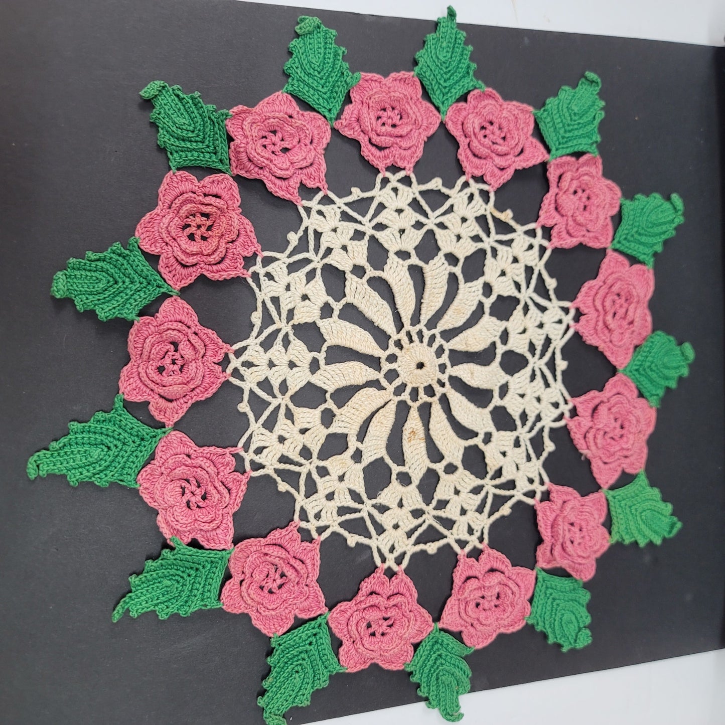 Vintage raised cream and pink and green Irish rose doily handmade crochet doilie