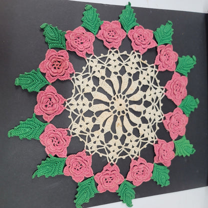 Vintage raised cream and pink and green Irish rose doily handmade crochet doilie