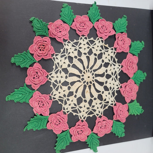 Vintage raised cream and pink and green Irish rose doily handmade crochet doilie