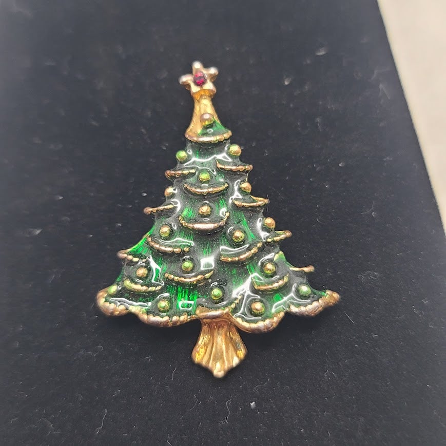 Vintage Art Deco Rhinestone Green Enamel Christmas Tree Brooch Pin Mid-Century
