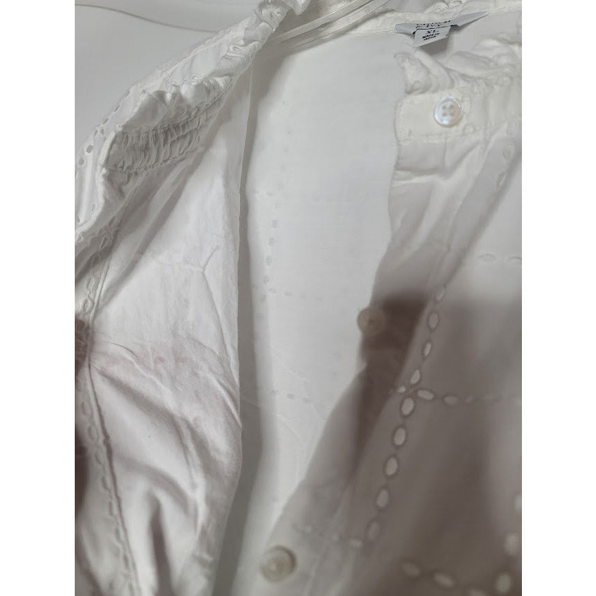 Crown & Ivy White eyelet button up Dress Midi Size XL Pockets flutter sleeve