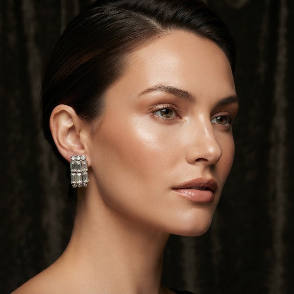 Vintage Emerald Cut Rhinestone Silvertone Clip-On Earrings Retro Glamour