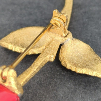 Vintage Red Porcelain Rose Flower Stem Brooch Pin Gold Tone Leaf Accent