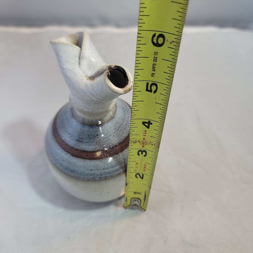 Studio Art Pottery Redware Pinched Pitcher Vase Pinch Pot Marked CC Blue Tan