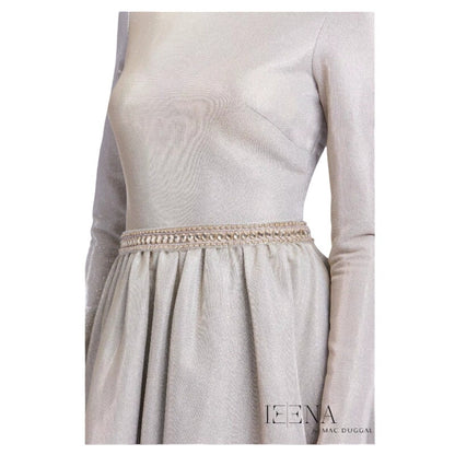 Ieena Mac Duggal 26125 Silver Metallic Long Sleeve Gown Size 2 Renaissance Style