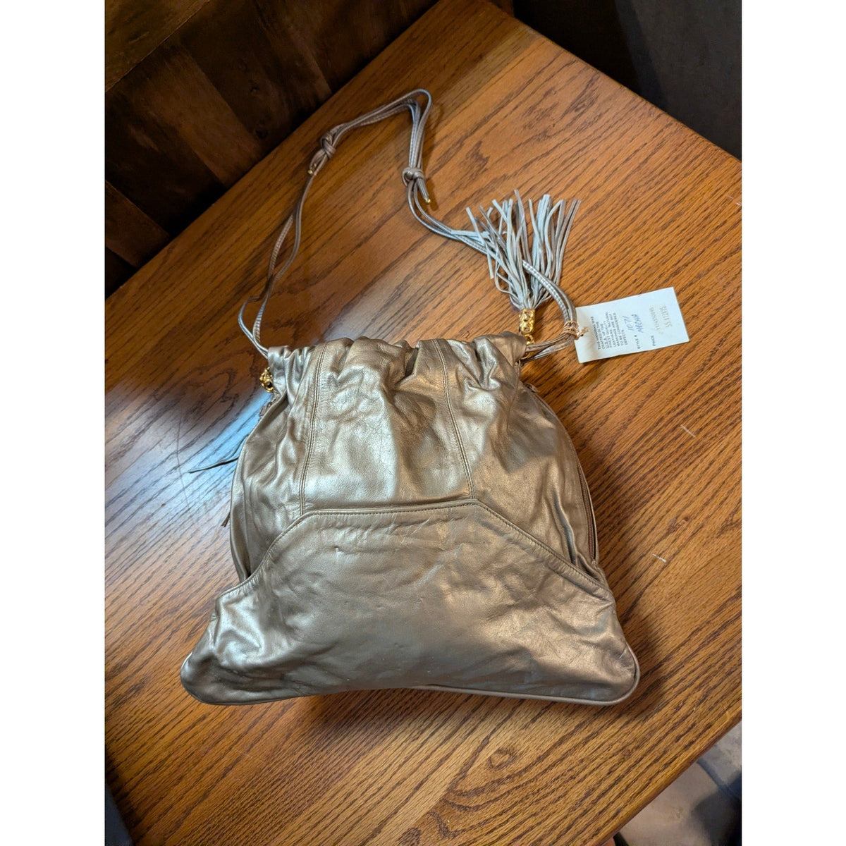 Paul Joseph Metallic Leather Mocha Tasseled Shoulder Bags Double Strap Tan NWT