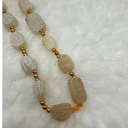 Vintage white soapstone carved scarab beaded necklace Egyptian revival 30"