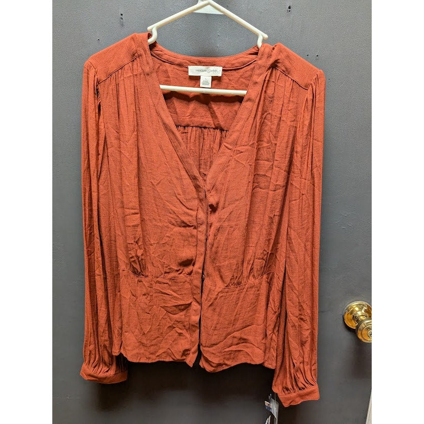 Treasure & Bond Long Sleeve Blouson Shirt V-Neck Rust Russet Blouse NEW large