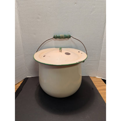 Vintage 1940's Cream Green Enamelware Pail Chamber Pot Slop Jar Wood Handle