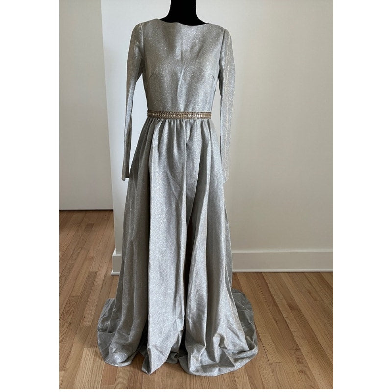 Ieena Mac Duggal 26125 Silver Metallic Long Sleeve Gown Size 2 Renaissance Style