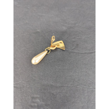 Vintage Faux Pearl Teardrop Drop Clip On Earrings Gold Tone Retro Glam 1980s