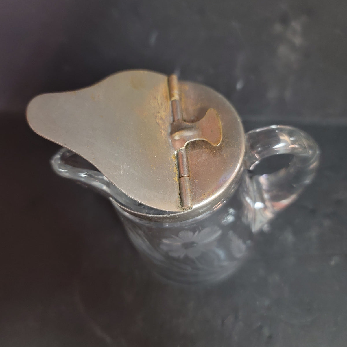 Vintage 4.5" FLORAL CUT GLASS SYRUP PITCHER CREAMER BY HEISEY
