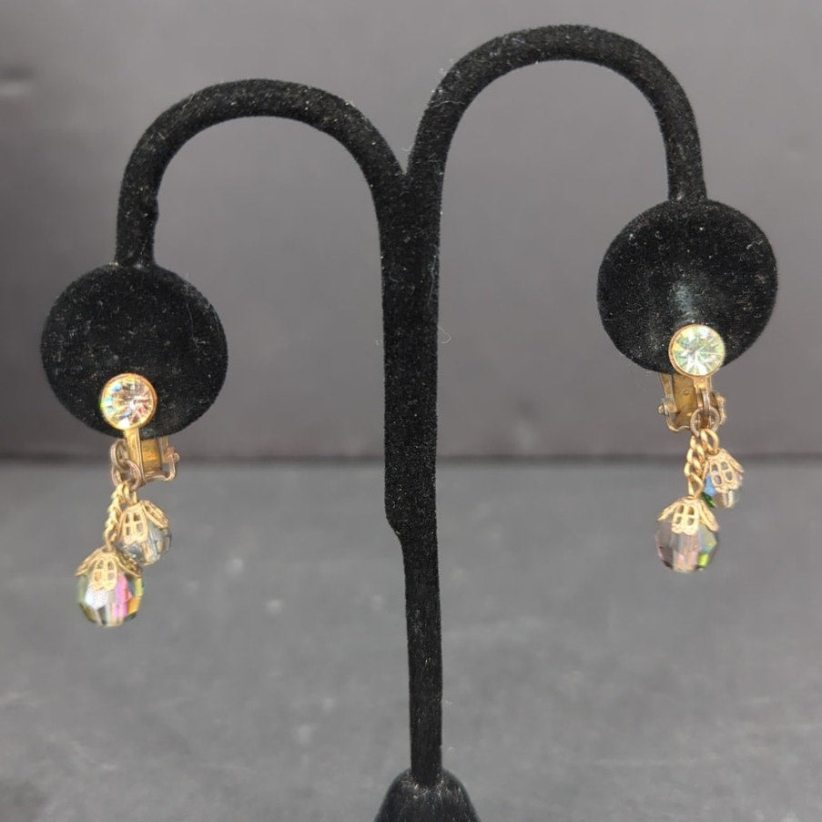 Vintage Iridescent Aurora Borealis Crystal Necklace and Clip On Earring Set