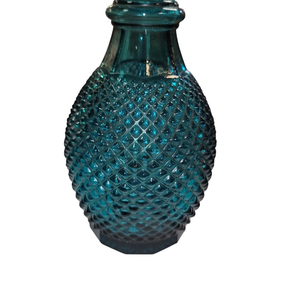 Vintage Empoli Blue Diamond Point Cut Glass Bottle Decanter Faceted Stopper 12"