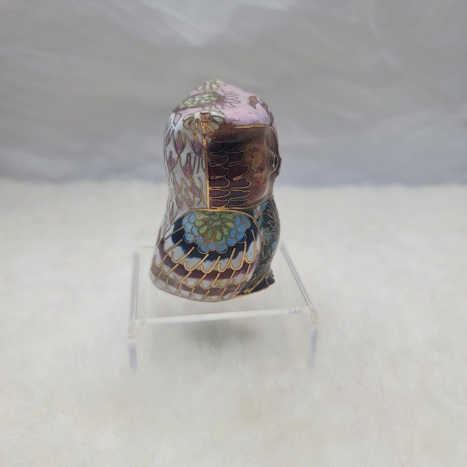 Vintage 1970s Cloisonné Enameled Owl Figurine Jeweled Rhinestone Bird