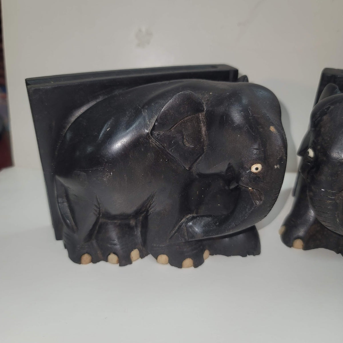 Vintage Elephant Bookends Hand Carved Wooden Ebony wood Bone Accents