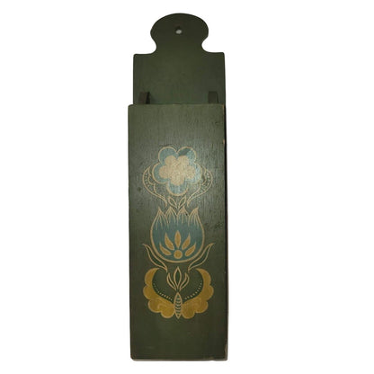 Vintage Wood Wall Hanging folk art Matches Matchstick Holder Box Fireplace Green