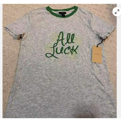 Women’s Halogen All Luck Tee Tshirt Gray Green 4 leaf clover Short Sleeve IRISH