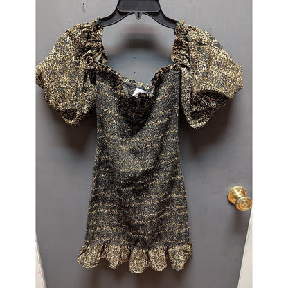 Topshop Gold & Black Smocked Off-the-Shoulder Mini Dress Size 2 NEW Summer