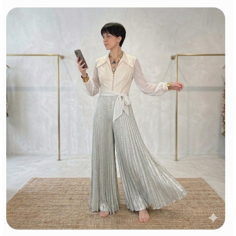 Vintage WIDE pleated silver Bell Bottom Jumpsuit 1 PIECE chiffon top belt Medium