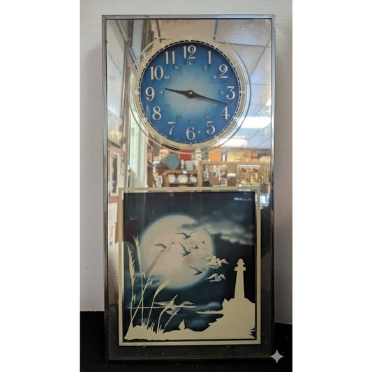 Vintage 1970s Brytone Mechanical Mirror Works Lighthouse Nautical Wall Clock