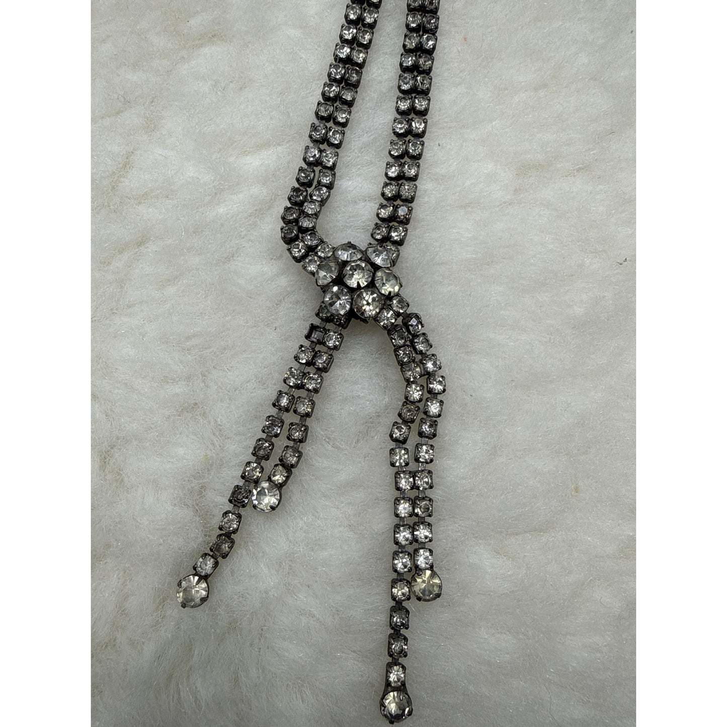 Vintage Rhinestone Lariat Y Necklace Silver Tone Art Deco Revival Glamour 50's