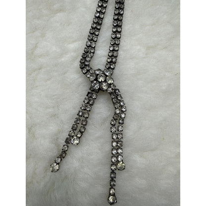 Vintage Rhinestone Lariat Y Necklace Silver Tone Art Deco Revival Glamour 50's