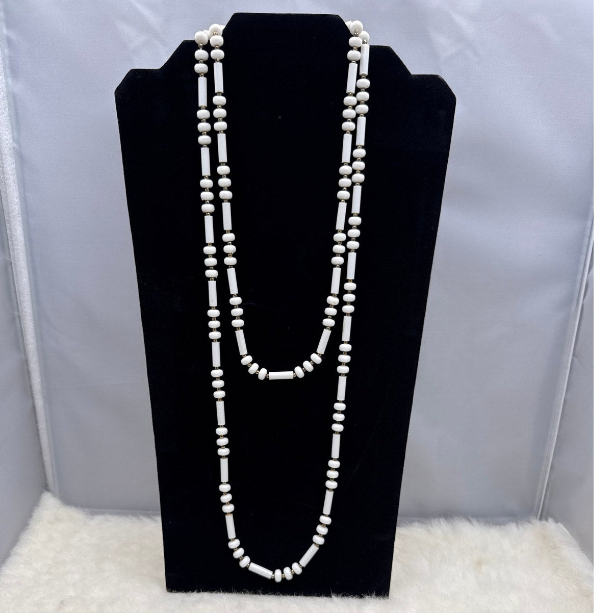 Natural White Lucite Seed Bead Sautoir Length Statement Necklace Large 50"